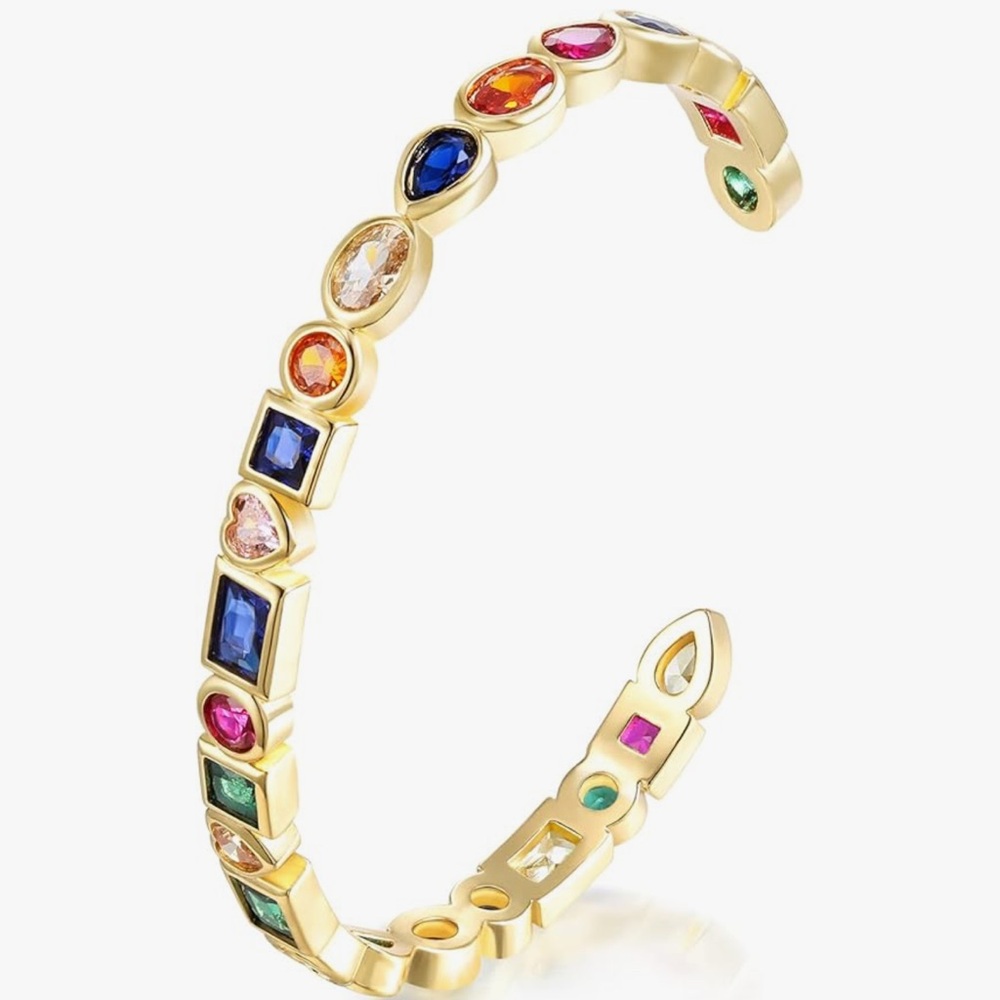 NEW 14k Gold Plated Cubic Zirconia Open Bangle with Multicolor Gemstones